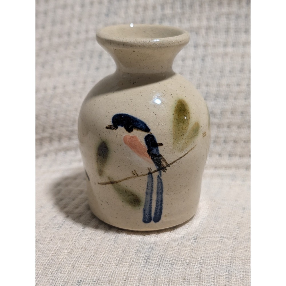 Vintage Studio Pottery Mini Vase Hand Thrown Bird Design Signed Art Pottery